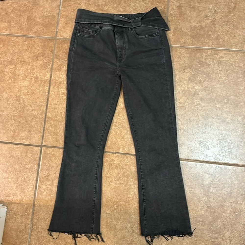 Paige Colette Cropped Flare Leg Belted Sash Raw Hem Jeans Ravenwood Black